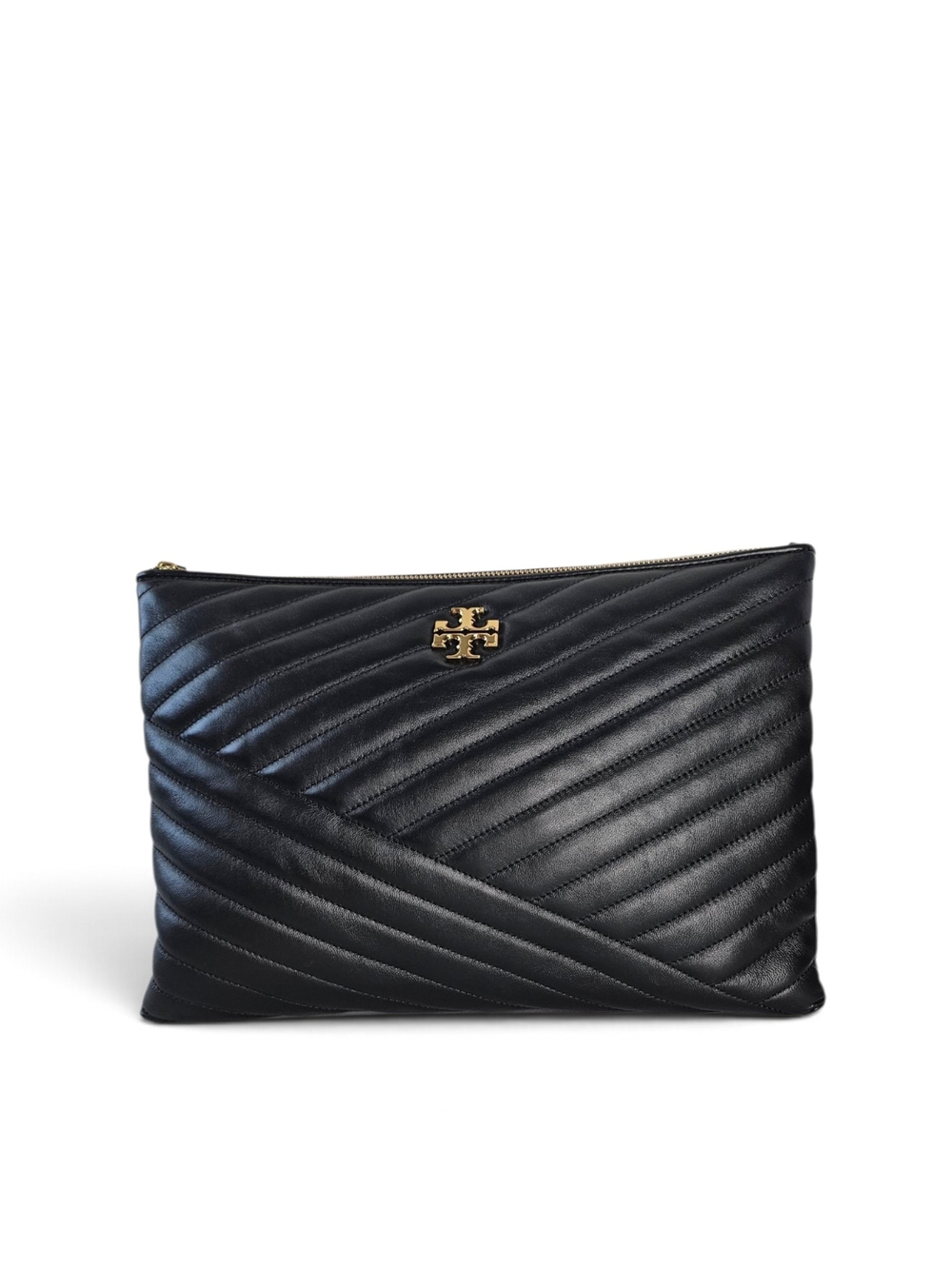 Tory Burch Kira Black Chevron Quilted Leather Zip Clutch Gold Logo